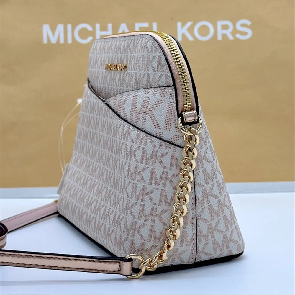 Michael Kors Jet Set Travel Md Metallic Signature Logo Dome Crossbody Satchel NW